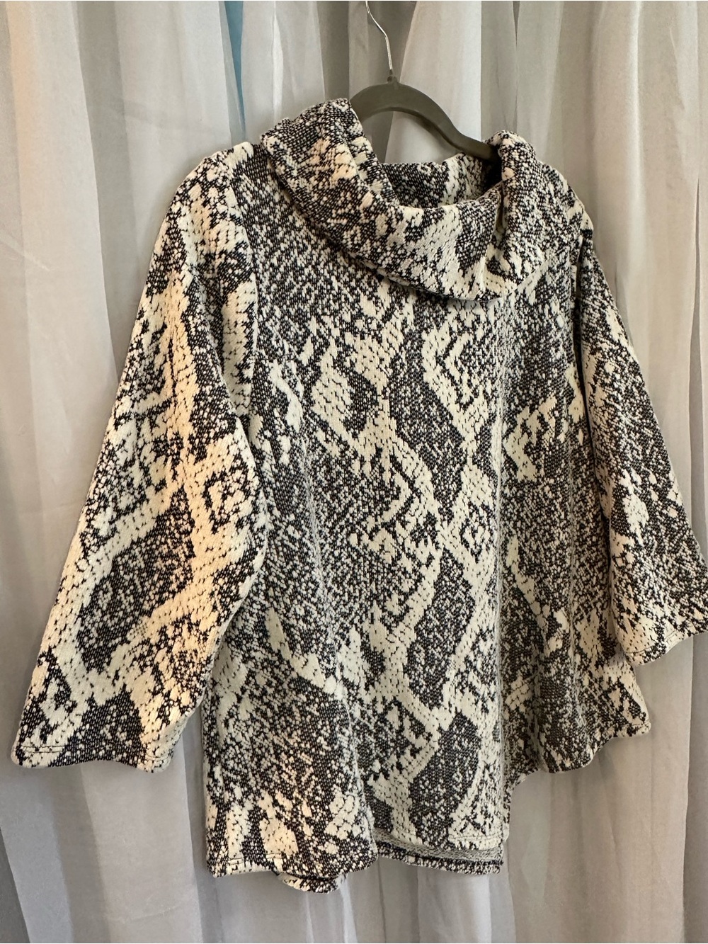 Ruby Rd Cozy Black & white Print Funnel Neck Sweater that opens on one side.